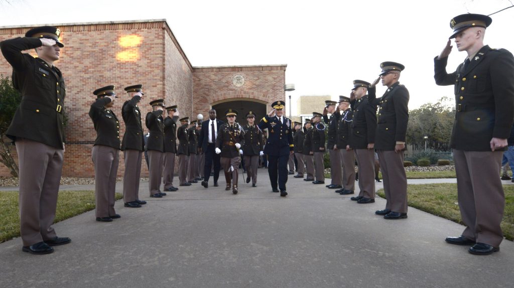 Texas A&M Cadets in Pinks Greens Class Uniforms