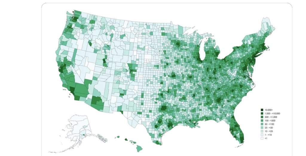 A map that shows the population density of U.S. counties, as of 2026.